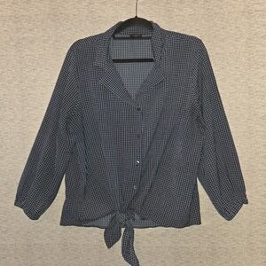 Ann Taylor Factory Blouse Womens Large Navy Long Sleeve Tie Front Top Stretch